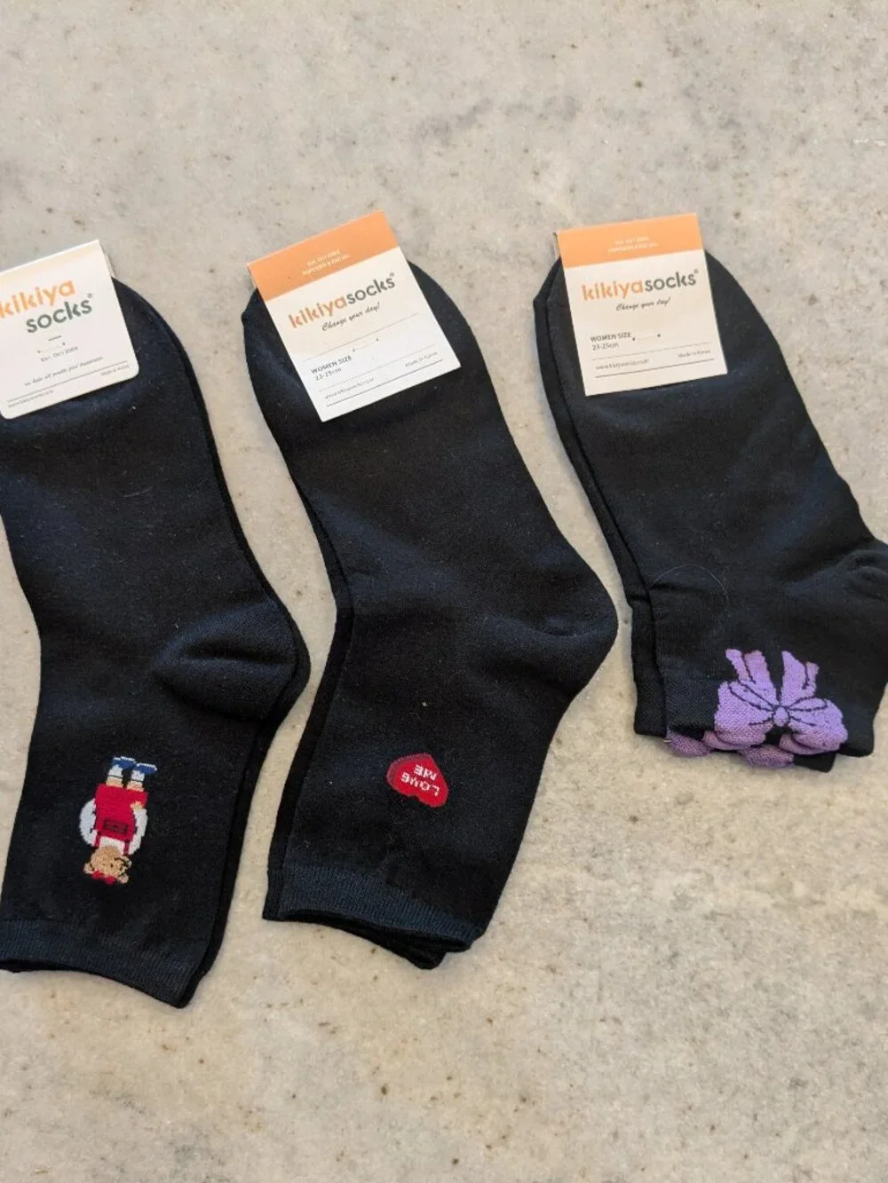 Kikiya Socks NWT 3 Pack Black Teddy Bear Love Heart Purple Bow Women 23-25cm